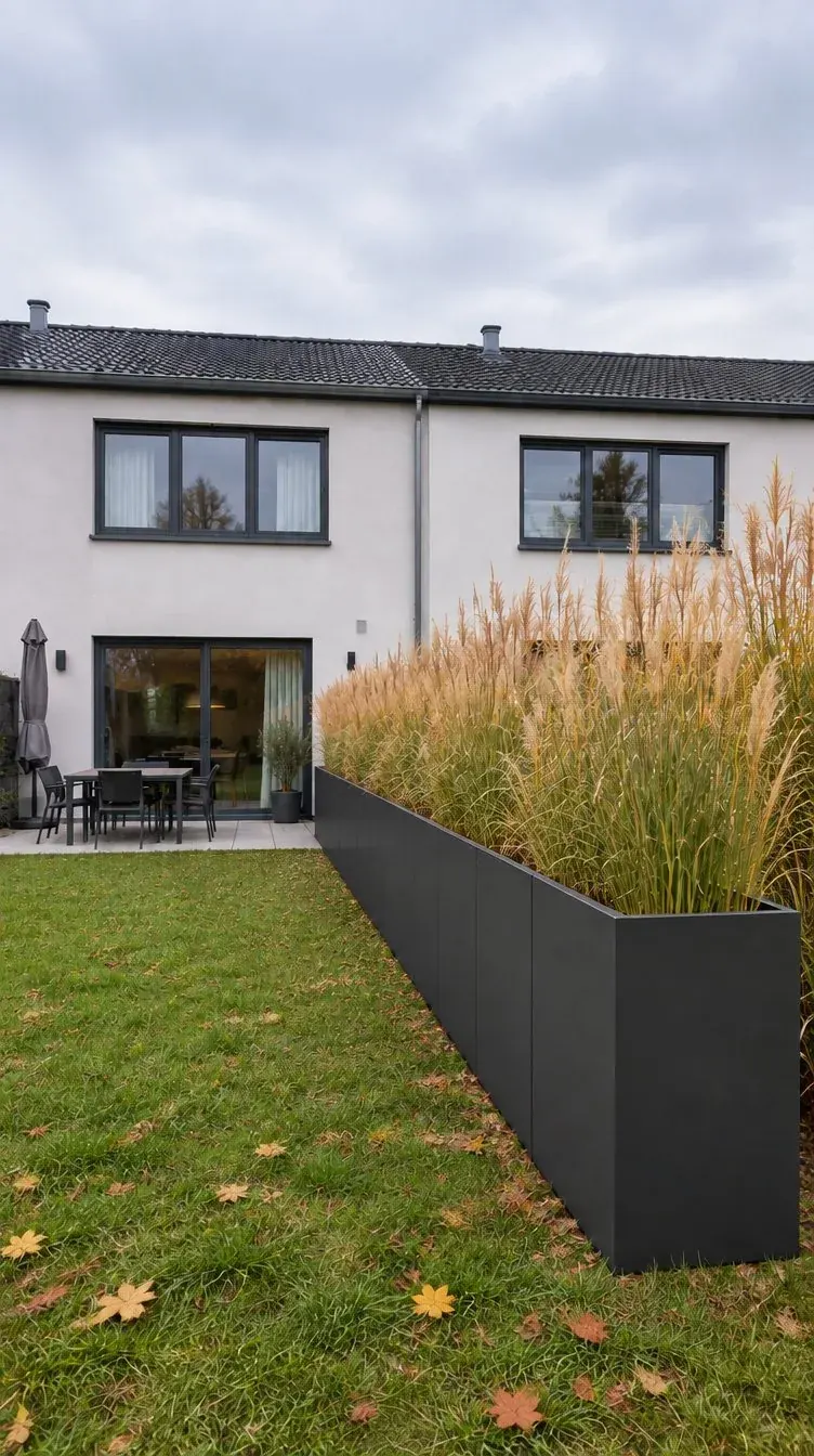 Modulares Hochbeet in Anthrazit mit Gräsern als Sichtschutz im Garten eines Reihenhauses