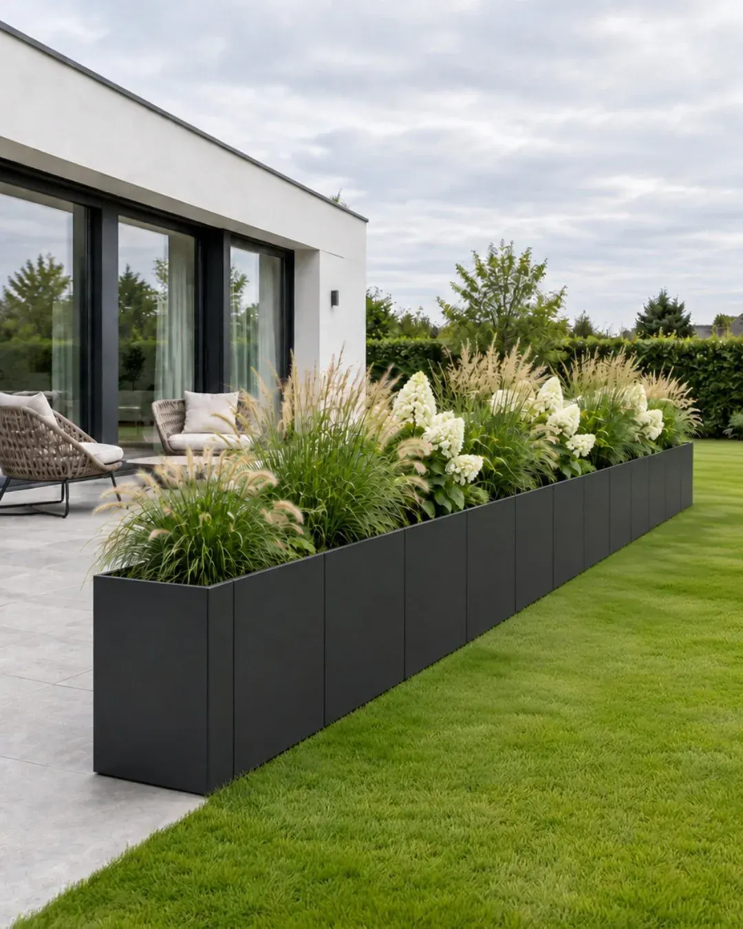 Langes modulares Hochbeet in Anthrazit am Rand einer Terrasse, mit Gräsern und Hortensien